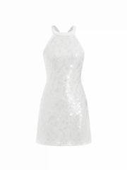 Sequin Halter Neckline Bowknot Criss Cross Backless A-line Mini Dress