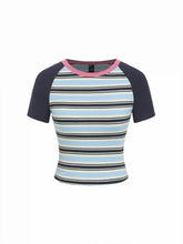 Knit Fabric Round Neckline Stripe Short Sleeve Tee