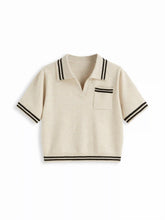 Knit Collar Stripe Short Sleeve Top Curve & Plus