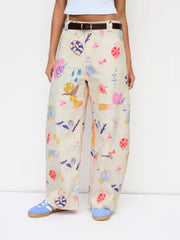 Cotton-blend Mid Rise Snail Graphic Barrel-leg Trousers