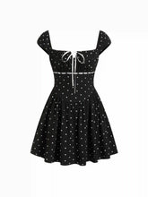 Cotton-blend Polka Dot Square Neck Bowknot A-line Mini Dress