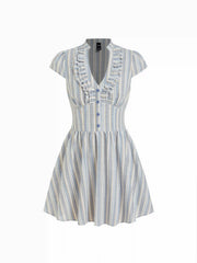 Striped V-neck Short Sleeve Ruffled A-line Mini Dress