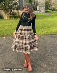 Woven High Rise Check Ruffle Tiered Maxi Skirt