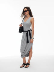 Viscose Blend V-neck Draped Bubble Hem Cocoon Midi Dress