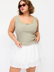 Cotton-blend Mid Rise Textured Bowknot Ruffle Hem Mini Skirt Curve & Plus