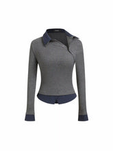 Collar Long Sleeve Two tone Striped Trim Asymmetrical Top