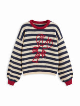 Knit Stripe Lobster Graphic Long Sleeve Contrasting Binding Oversized Sweater