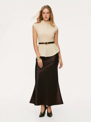 Stand Collar Cinched Waist Top With Belt & Zipper Mermaid Maxi Skirt Set
