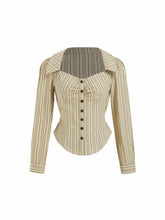 Cotton-blend Sweetheart Puff Sleeve Striped Buckle Blouse