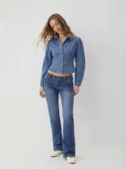 Washed Denim Cinched Waist Blouse