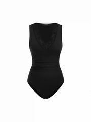 Cotton-blend V-neck Lace Trim Ruched Bodysuit