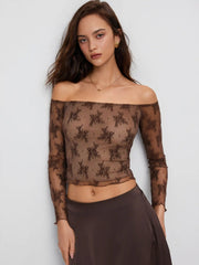 Lace Floral Off-shoulder Long Sleeve Lettuce Trim Top