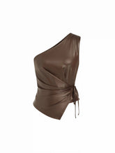 Faux Leather Asymmetrical Neck Ruched Drawstring Crop Top