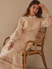 Stand Collar Embroidery Hollow Out Tie Back Knotted Lantern Sleeve Maxi Dress