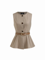 Round Neckline Houndstooth Blazer Vest With Belt