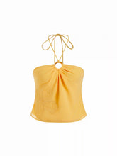 Chiffon Halter Neckline Flower Applique O-Ring Ruched Blouse