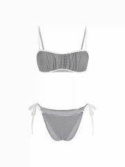 Square Neck Striped Ruched Tie Side Bracelet Low Rise Bikini Set