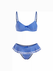 Sweetheart Gingham Bowknot Lace Panel Ruffled Underwire Bikini Set
