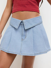 Denim Low Rise Pleated Fold Over Micro Mini Skirt