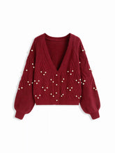 Knit V-neck Faux Pearl Lantern Sleeve Oversized Cardigan