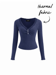 Thermal Cotton-blend V-neck Long Sleeve Lace Trim Ruched Tee