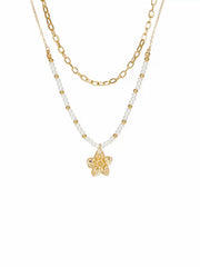 FLOWER & FAUX PEARL BEADED LAYERED NECKLACE