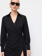 V-neck Split Ruched Long Sleeve Midi Dress