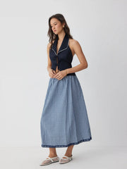 High Rise Gingham Lace Trim A-line Maxi Skirt