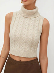 High Neck Solid Cable Knit Crop Vest