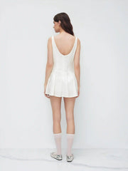 Linen-blend Boat Neck Backless Ruffle Mini Dress