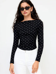 Cotton-blend Polka Dot Boat Neck Long Sleeve Ruched Top