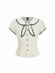 Chiffon Peter Pan Collar Short Sleeve Bowknot Contrast Binding Blouse