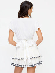 Linen-blend V-neck Ruffle Sleeve Tie Back Blouse