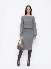 Cable Knit Off-shoulder Batwing Sleeve Split Midi Pencil Dress