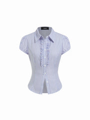 Cotton Striped Puff Sleeve Ruched Blouse
