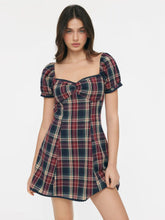 Cotton Sweetheart Neck Puff Sleeve Plaid A-line Mini Dress