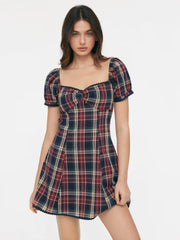 Cotton Sweetheart Neck Puff Sleeve Plaid A-line Mini Dress