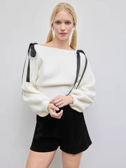 Knit Boat Neck Bowknot Crop Oversized Sweater