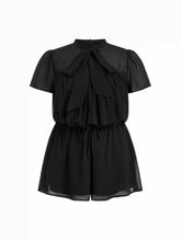 Chiffon Stand Collar Puff Sleeve Bowknot Drawstring Ruffle Romper Curve & Plus