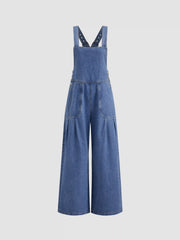 Denim Pleated Belted Shoulder Straps Jumpsuit