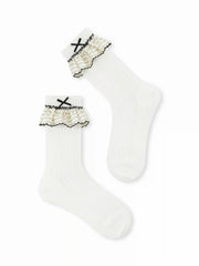 3 PAIRS BOWKNOT & STRIPED TRIM CREW SOCKS SET