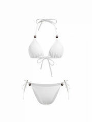 Halter Neckline Triangle Top & Low Rise Bikini Bottom Bikini Set With Beaded Detail