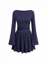 Boat Neck Bell Sleeve Ruched Lettuce Trim Ruffle Layered Mini Dress