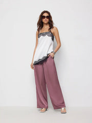 Satin Drawstring Mid Rise Wide Leg Trousers