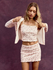 Three-piece Cotton-blend Pointelle Ditsy Floral Cardigan & Lettuce Trim Cami Top & Mini Skirt Set