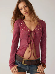 Velvet V-neck Long Sleeve Lace Up Top