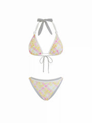 Halter Neckline Plaid Floral Knotted Triangle Bikini Set