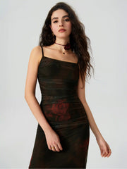 Floral Ruched Mesh Maxi Dress