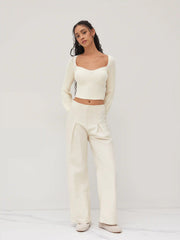 Knit V-neck Solid Lantern Sleeve Crop Top
