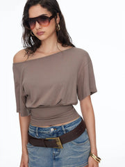 Boat Neck Batwing Sleeve Backless Drawstring Metal Detail Oversized Crop Tee
